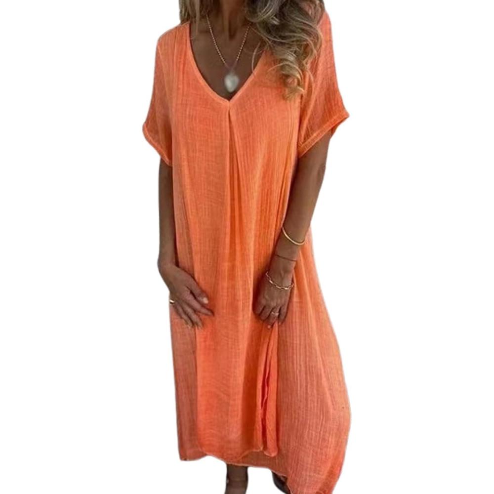 image:imageGnrique Robe miLongue en Coton et Lin col en V Robes en Lin pour Femmes Robes miLongues en Lin pour Femmes Robe dcontracte UnieOrange