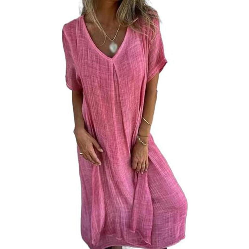image:imageGnrique Robe miLongue en Coton et Lin col en V Robes en Lin pour Femmes Robes miLongues en Lin pour Femmes Robe dcontracte UnieRouge