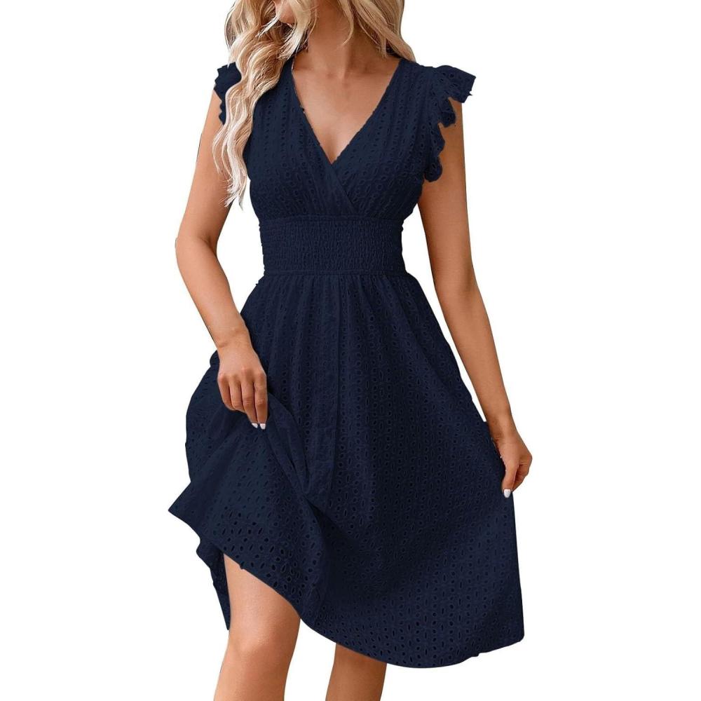 image:imageMOKBAY Robe Dentelle Femme Chic Col V Robe Mi Longue Chic Et Elegant sans Manche Soiree Robes Femme Et ElegantD4bleu Marine