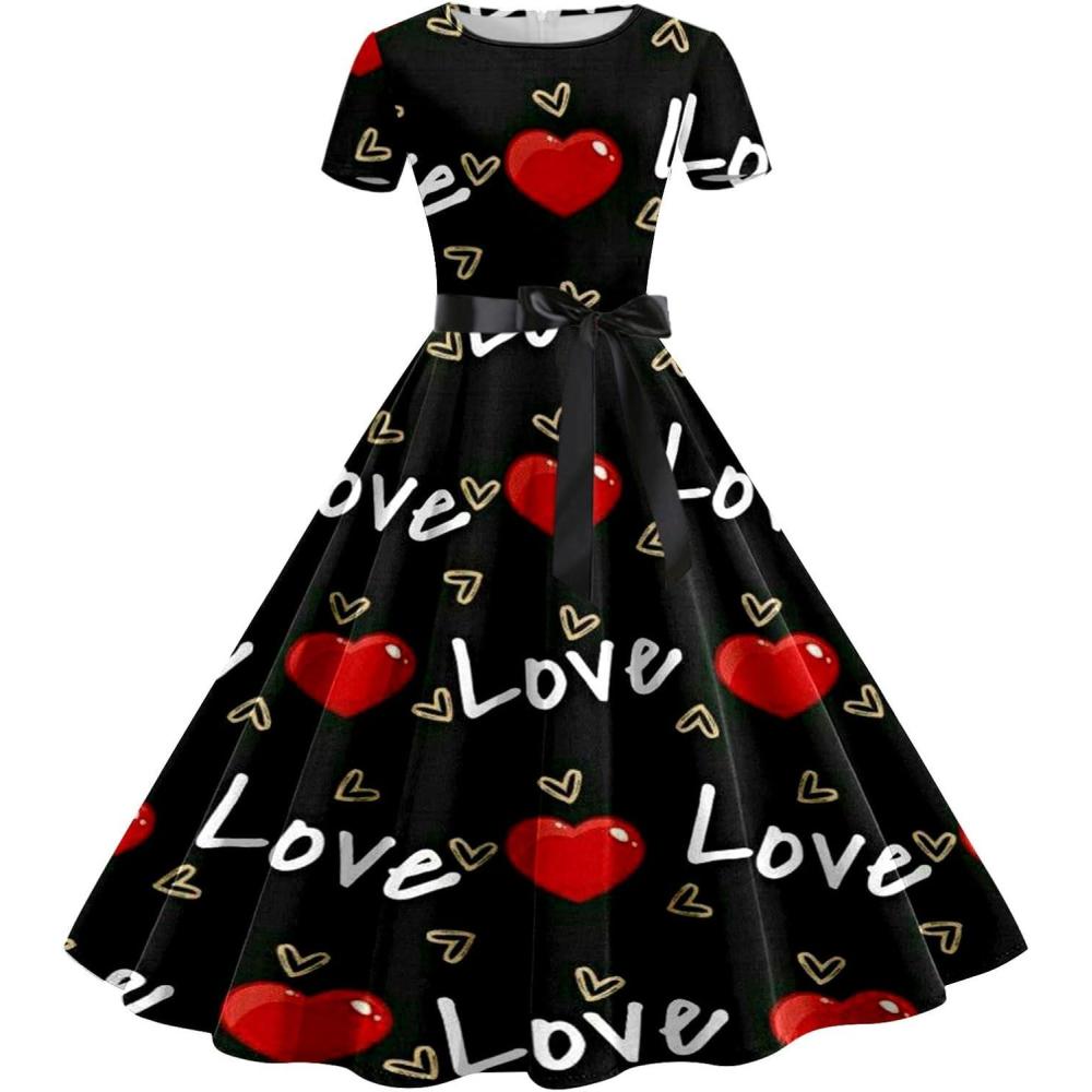 image:imageRobe De Soire Femme Chic Et Glamour Elegant Impression de Coeur Robe Cocktail Mariage Vintage Robe Casual Femme Robe Baptme col Rond Manches Courtes Imprim Amour Saint Valentin Robe de FteB2 Noir