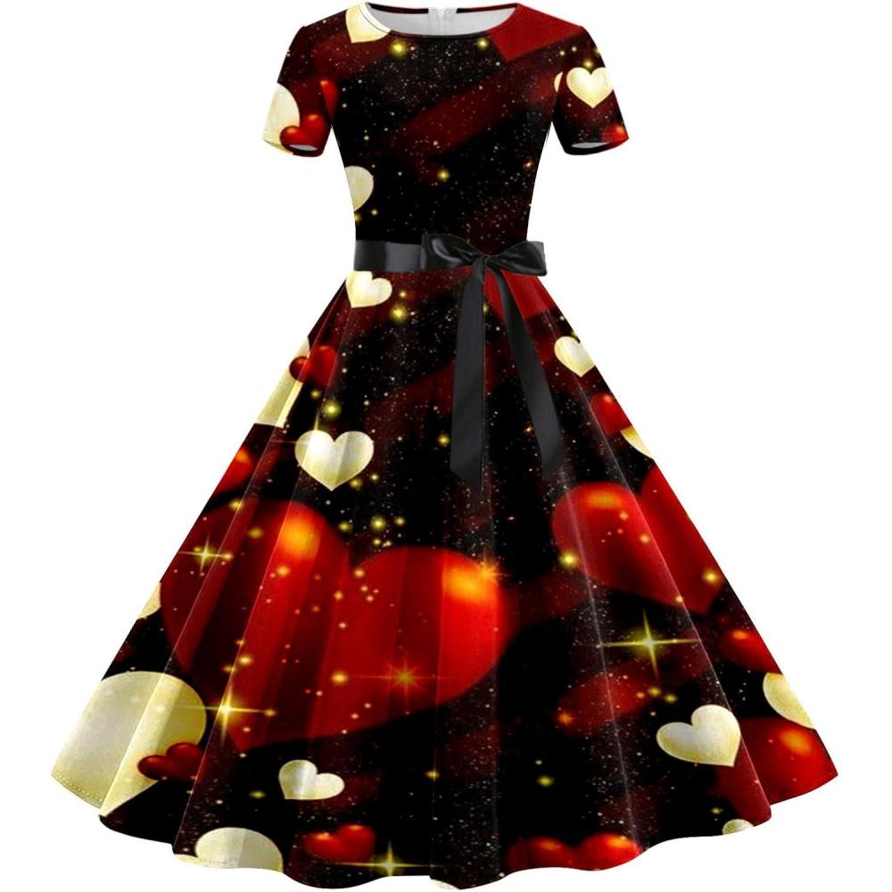 image:imageRobe De Soire Femme Chic Et Glamour Elegant Impression de Coeur Robe Cocktail Mariage Vintage Robe Casual Femme Robe Baptme col Rond Manches Courtes Imprim Amour Saint Valentin Robe de FteB2 Beige