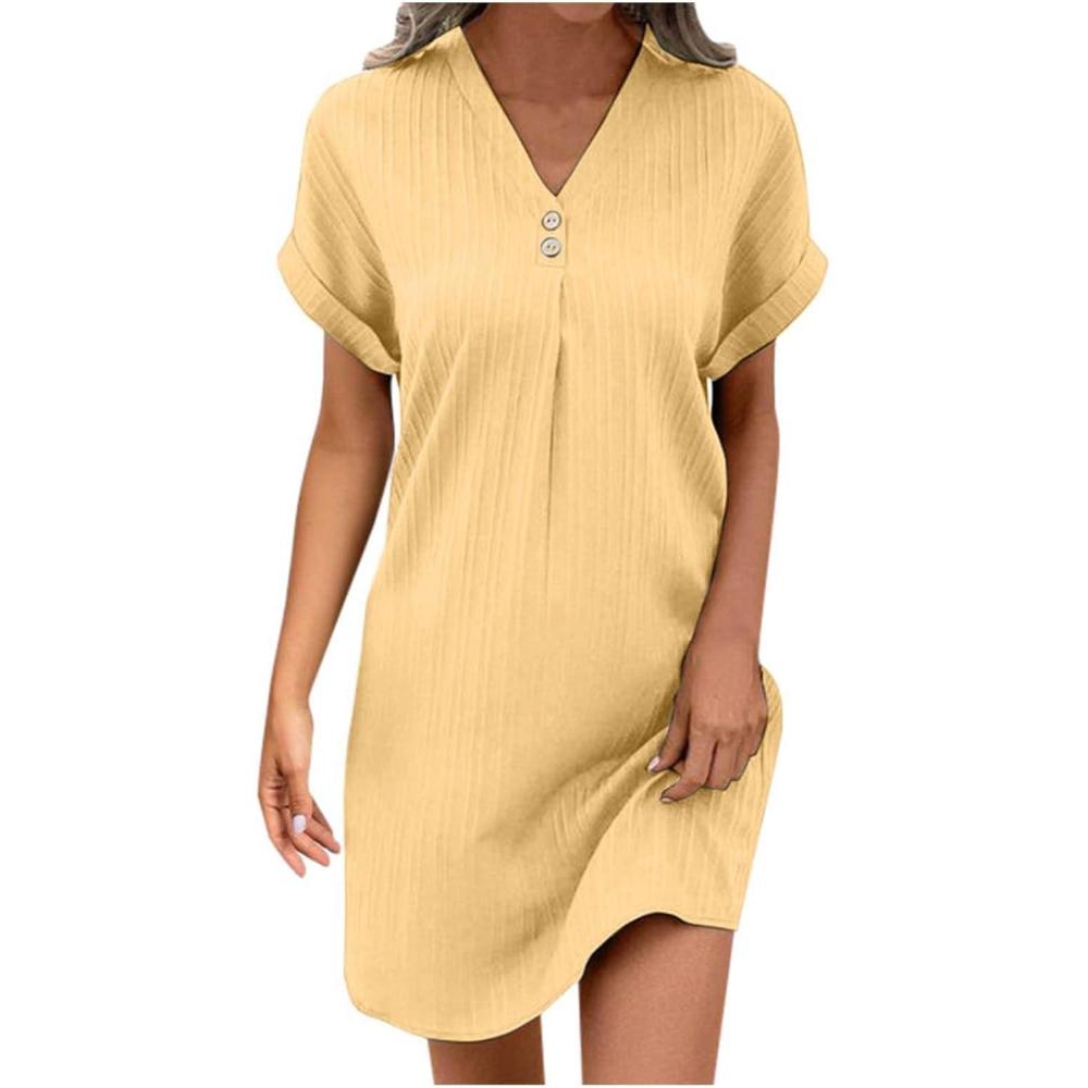 image:imageRobe Femme Chic et Elegant Col en V Couleur Unie t Col Boutonn Manches Courtes Femmes Robe de Plage Tunique ALinie Fluide Swing Lger et Respirant MiLongue01 Jaune