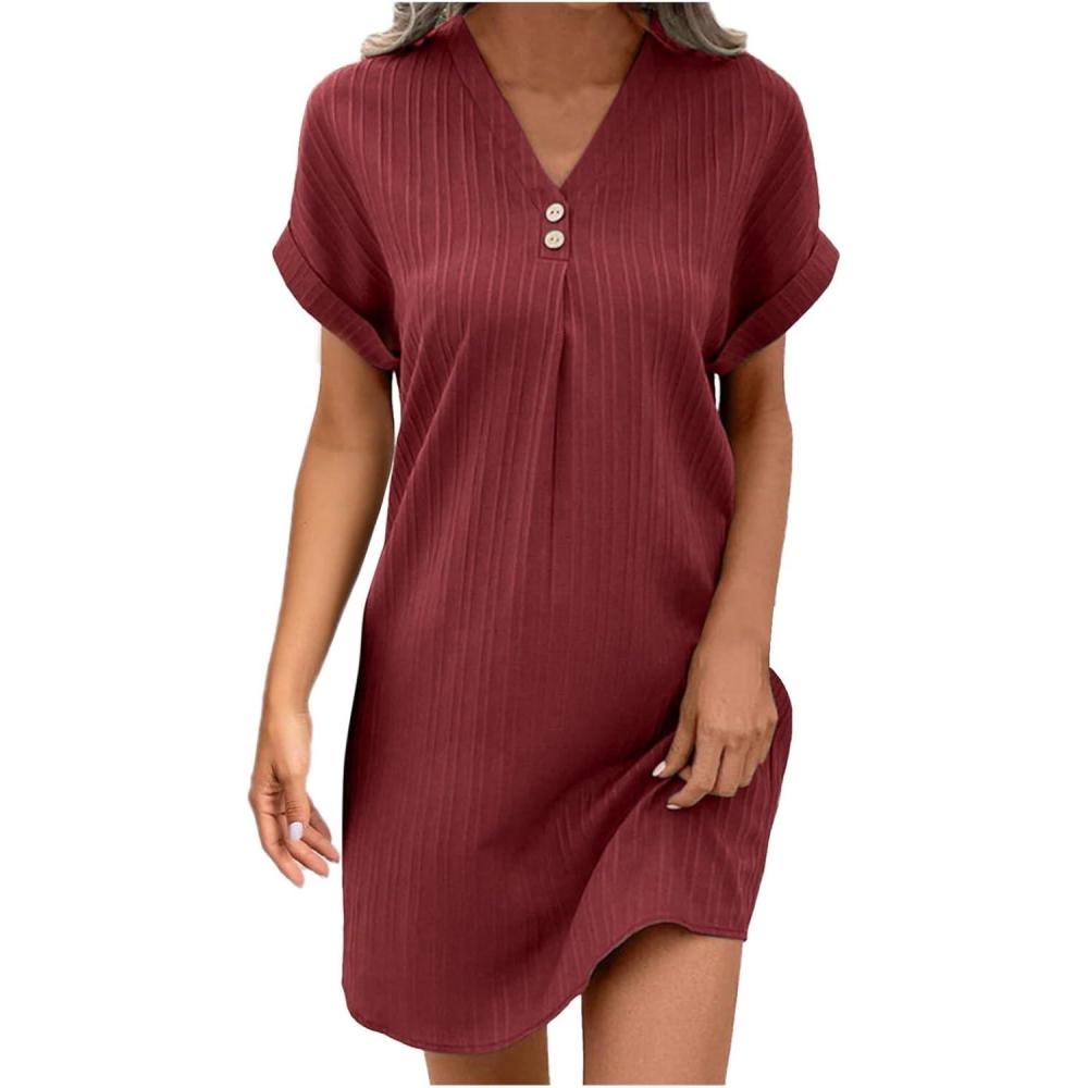 image:imageRobe Femme Chic et Elegant Col en V Couleur Unie t Col Boutonn Manches Courtes Femmes Robe de Plage Tunique ALinie Fluide Swing Lger et Respirant MiLongue01 Rouge01