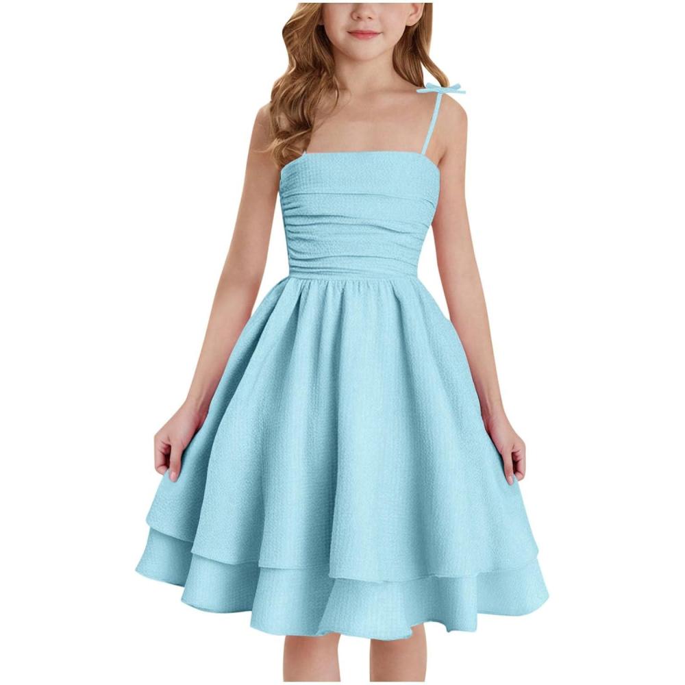 image:imageFille Robe Bustier Dt Vtements Solid Chic Robe lgant ALigne Robes sans Manches Vtement Dcontract Funky Habillement MiLongue HautsC01 Bleu