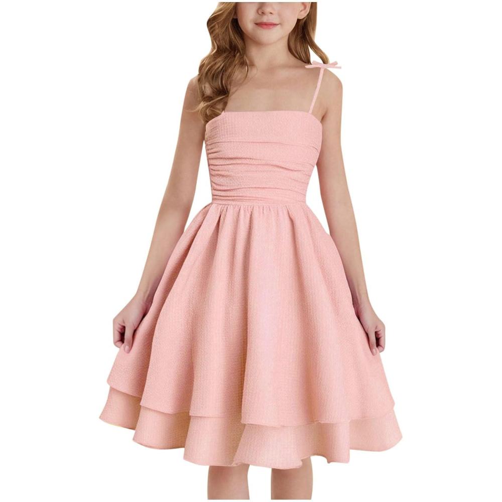 image:imageFille Robe Bustier Dt Vtements Solid Chic Robe lgant ALigne Robes sans Manches Vtement Dcontract Funky Habillement MiLongue HautsC02 Rose