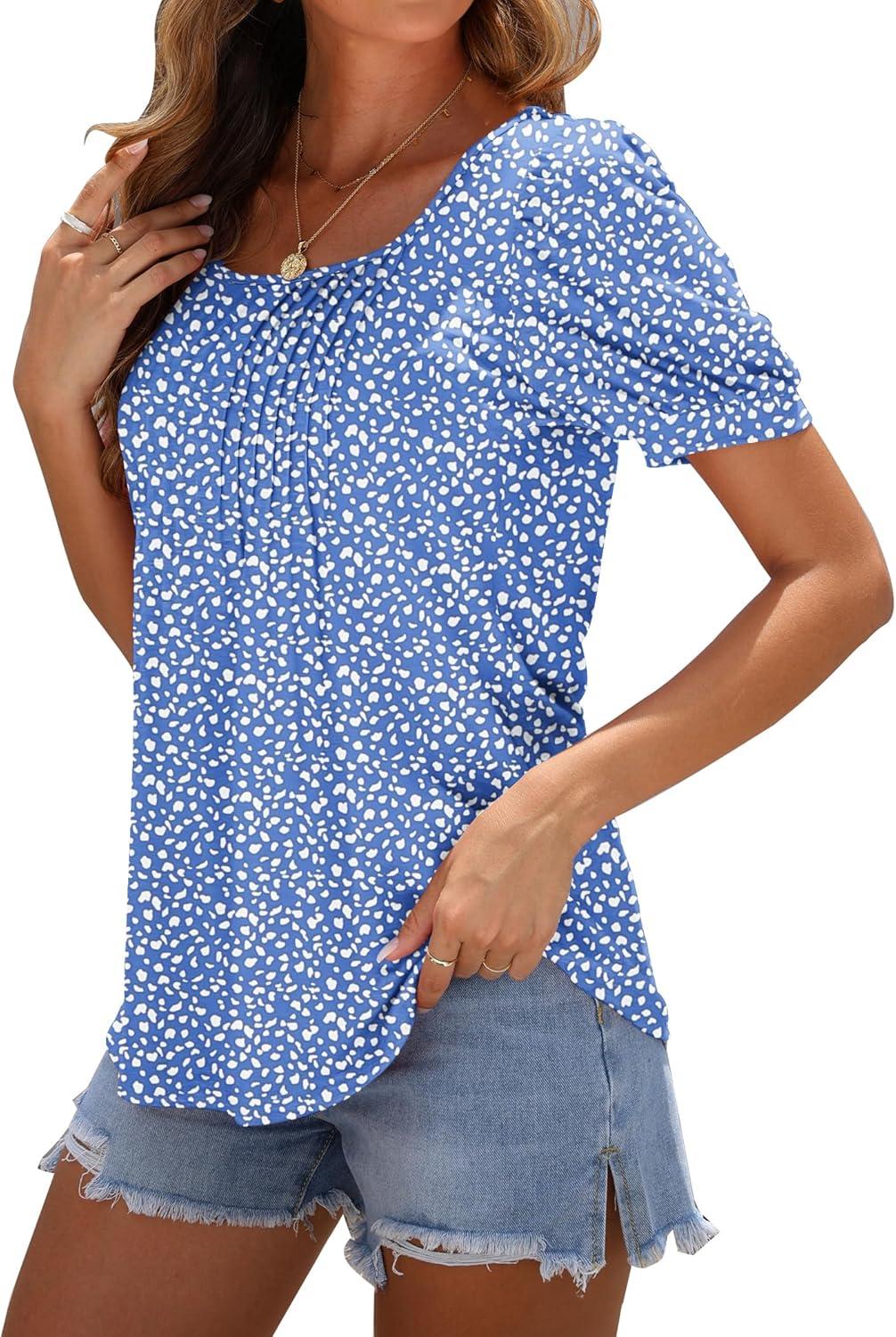 image:imageWNEEDU Tee Shirt Femme col Carr Tunique Femme t TShirt Manches Courtes Chemise Fluide Plisse Hauts Chic legant Ample TopBleu Motif