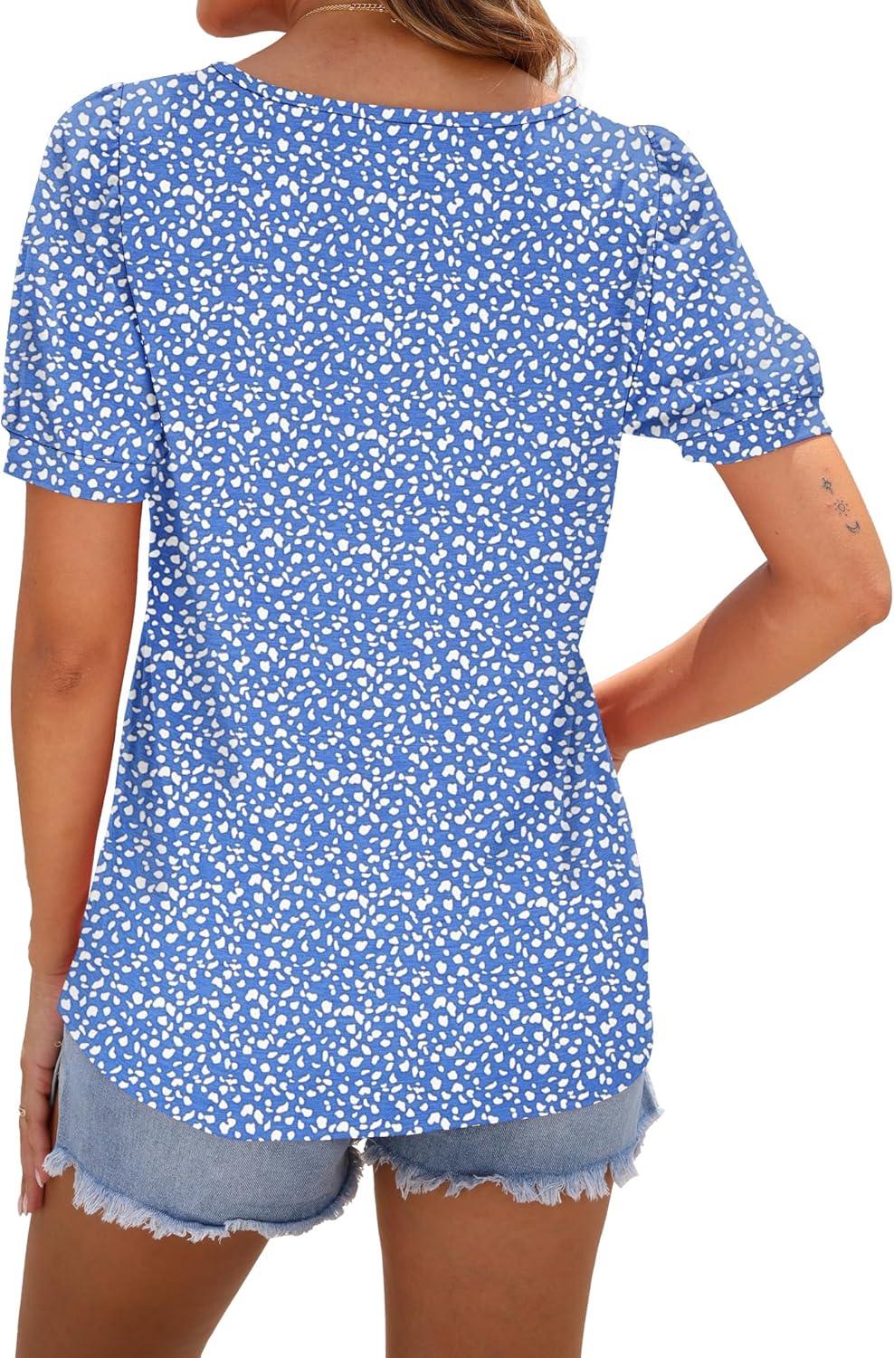 image:imageWNEEDU Tee Shirt Femme col Carr Tunique Femme t TShirt Manches Courtes Chemise Fluide Plisse Hauts Chic legant Ample TopBleu Motif