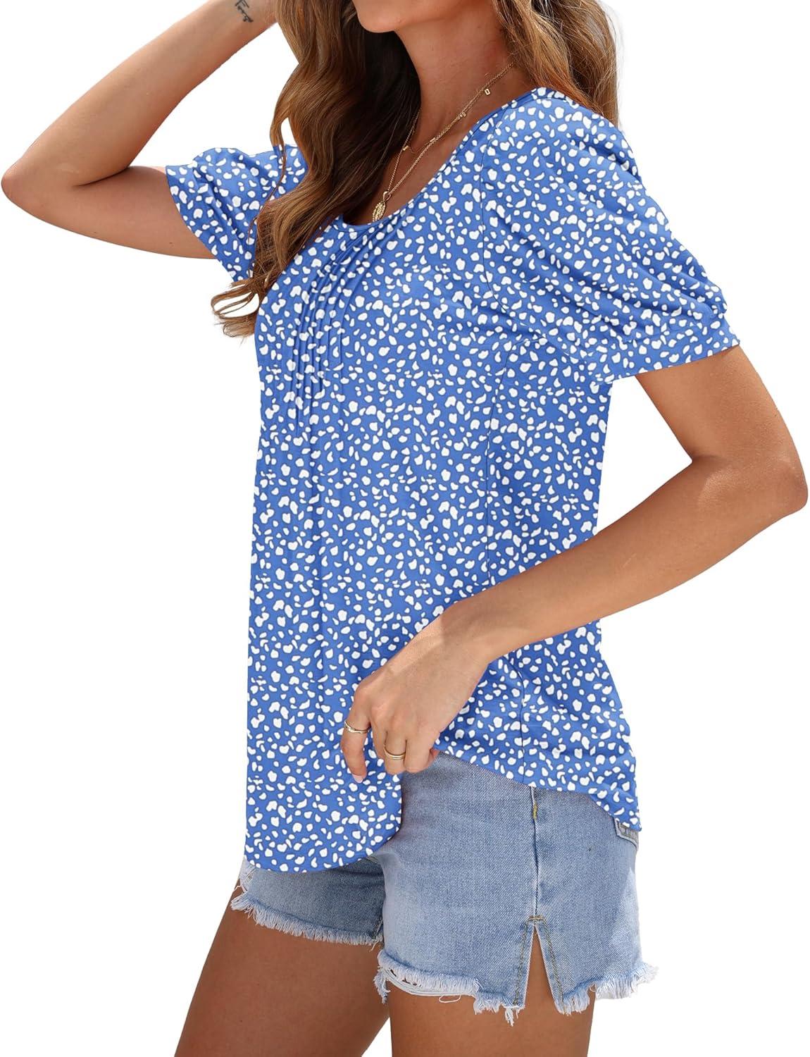 image:imageWNEEDU Tee Shirt Femme col Carr Tunique Femme t TShirt Manches Courtes Chemise Fluide Plisse Hauts Chic legant Ample TopBleu Motif