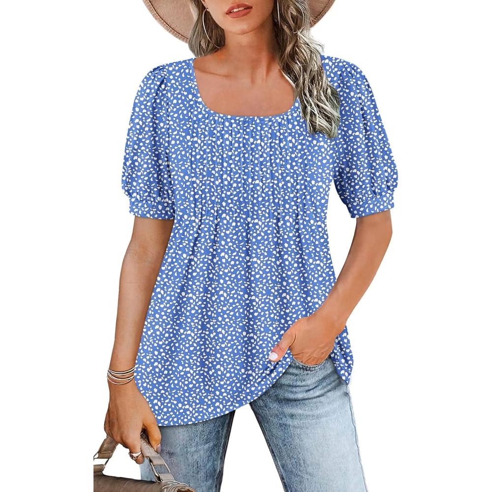 image:imageWNEEDU Tee Shirt Femme col Carr Tunique Femme t TShirt Manches Courtes Chemise Fluide Plisse Hauts Chic legant Ample TopBleu Motif