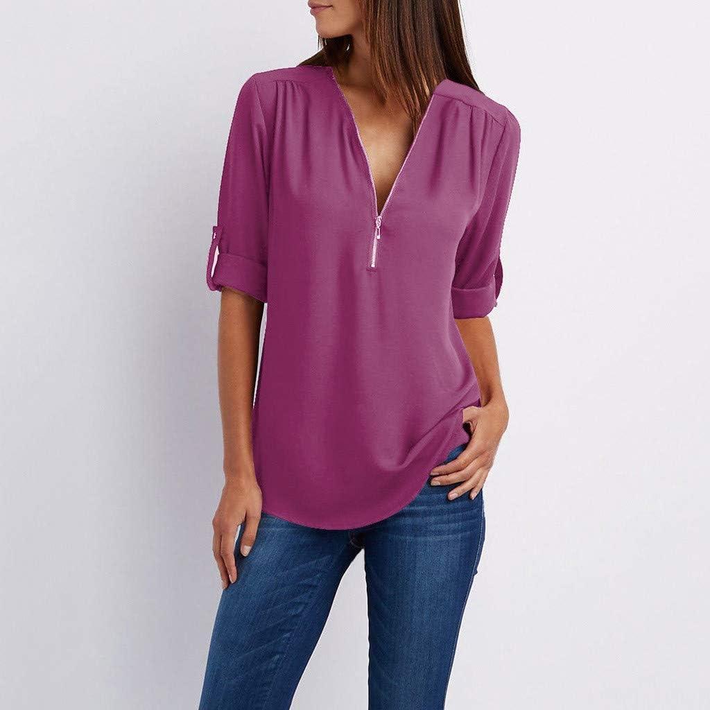 image:imageBouton Femmes Dames VTements Chemise Ample en Mouseline De Soie Fermeture Clair Manches Longues Grande Taille Hauts Chemisiers en Mouseline Manches Courtes pour Femmes Robe Femme 46Violet
