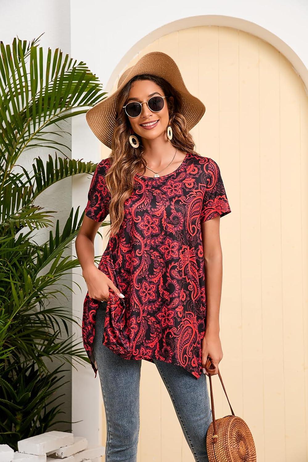 image:imageEnmain Femme Tunique 34 Manches Longues Chemise Imprime Motifs Floraux Paisley pour Les Femmes Casual lgant Chic TShirt BlousesZ01 Rouge