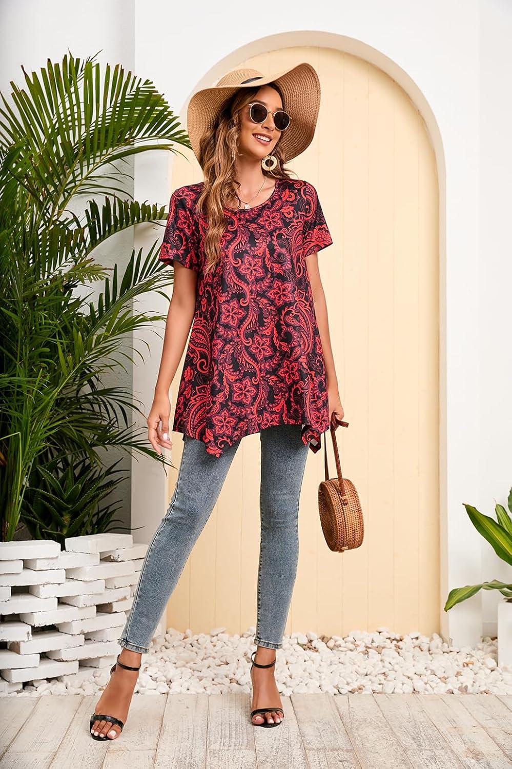 image:imageEnmain Femme Tunique 34 Manches Longues Chemise Imprime Motifs Floraux Paisley pour Les Femmes Casual lgant Chic TShirt BlousesZ01 Rouge
