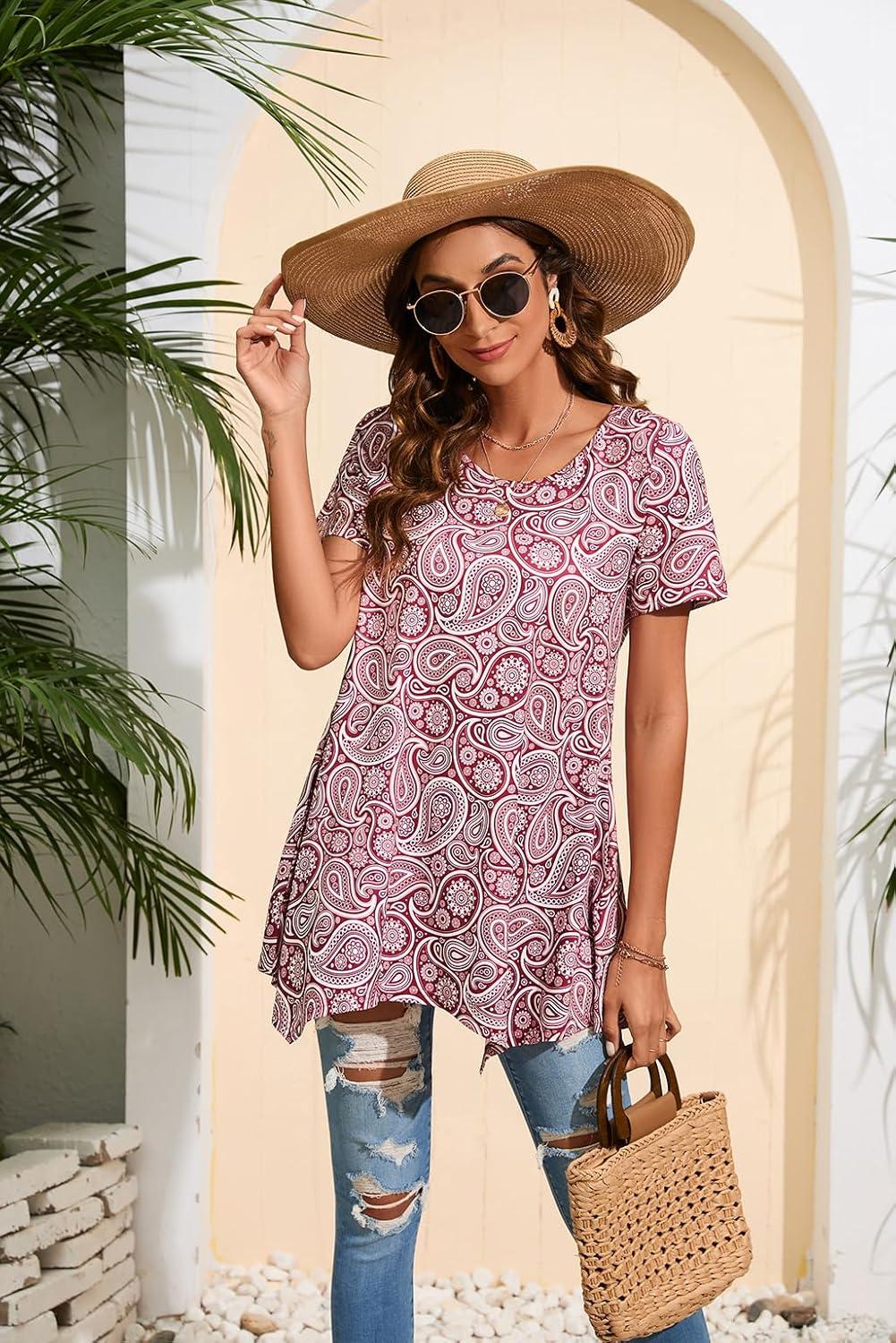 image:imageEnmain Femme Tunique 34 Manches Longues Chemise Imprime Motifs Floraux Paisley pour Les Femmes Casual lgant Chic TShirt BlousesZ02 Rouge