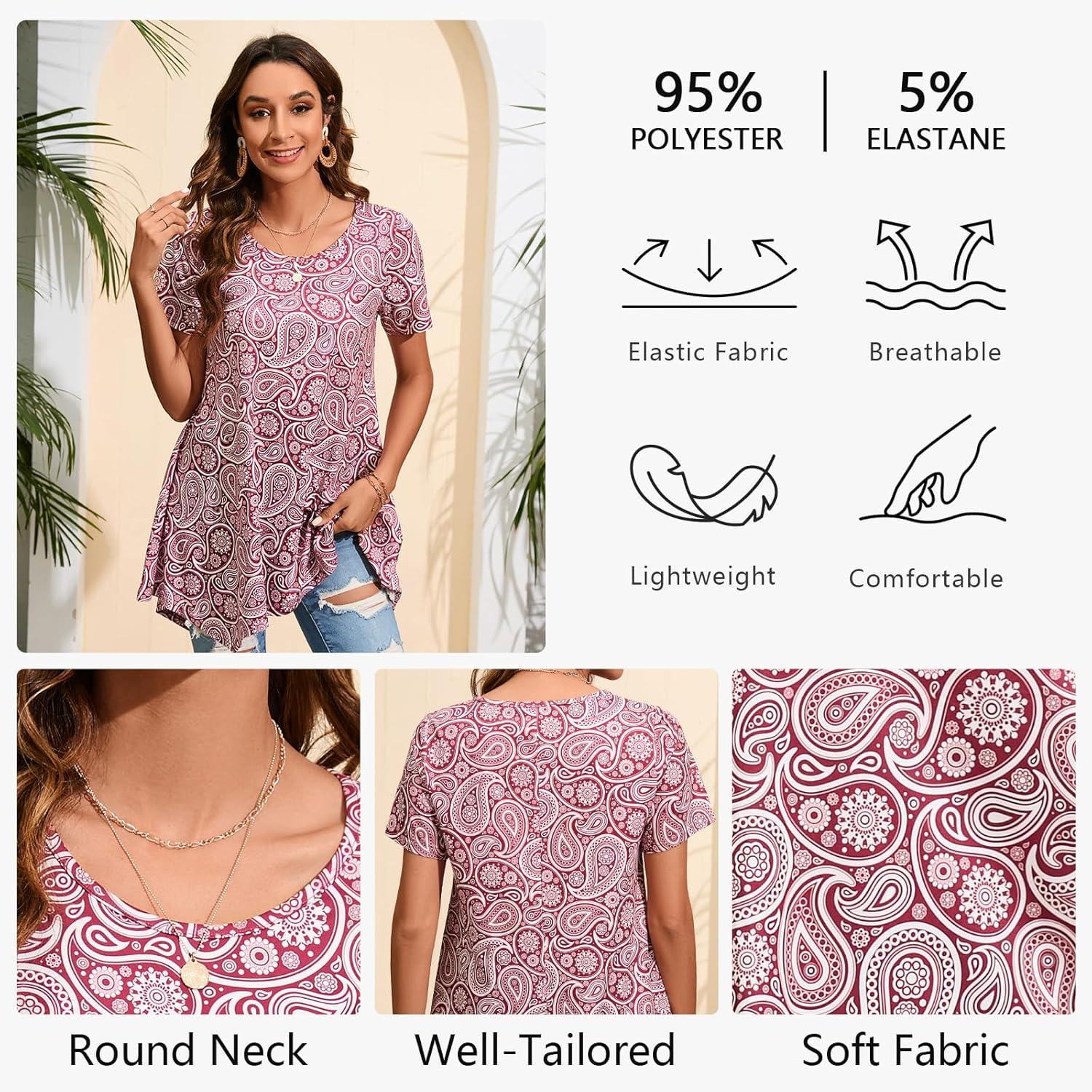 image:imageEnmain Femme Tunique 34 Manches Longues Chemise Imprime Motifs Floraux Paisley pour Les Femmes Casual lgant Chic TShirt BlousesZ02 Rouge