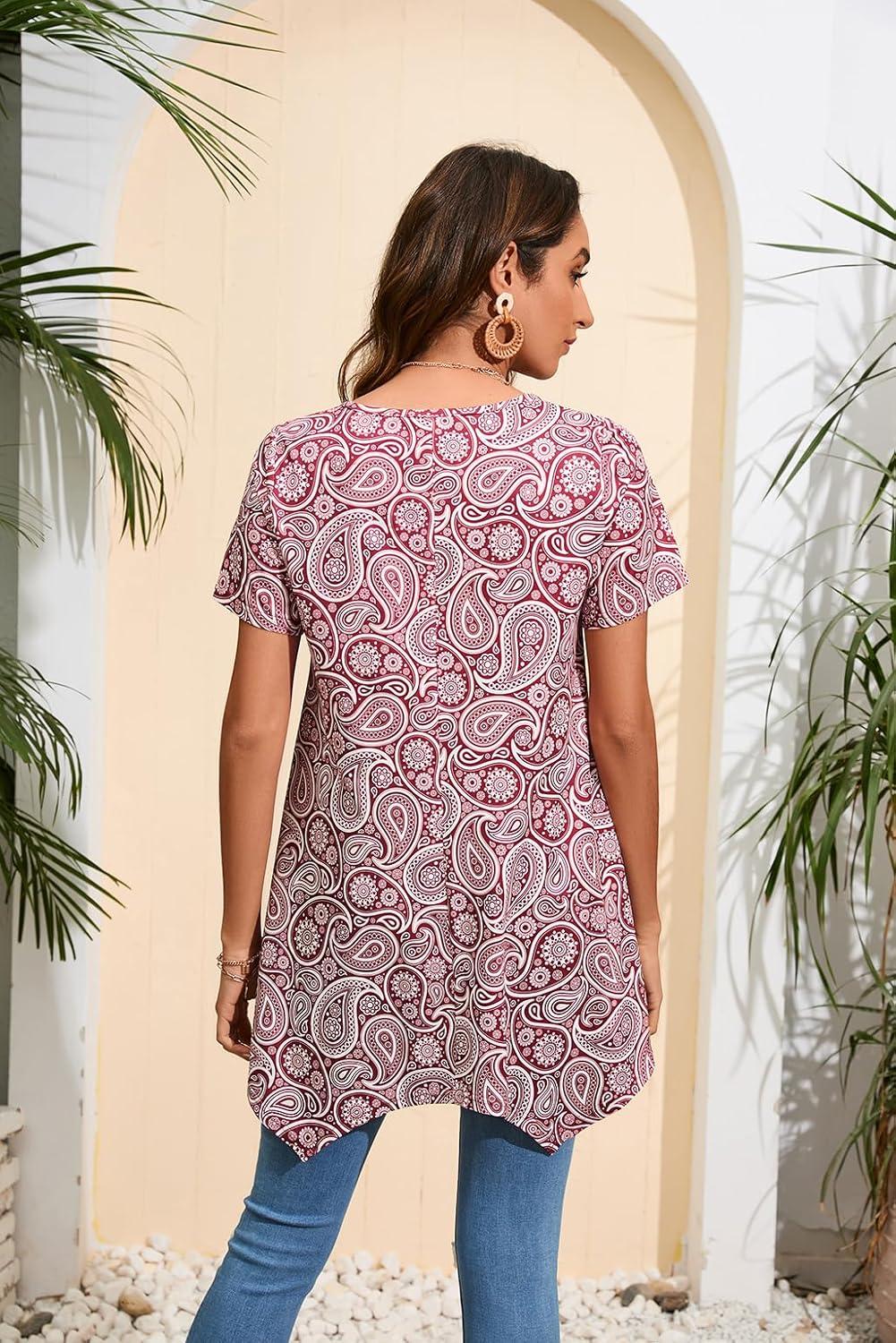image:imageEnmain Femme Tunique 34 Manches Longues Chemise Imprime Motifs Floraux Paisley pour Les Femmes Casual lgant Chic TShirt BlousesZ02 Rouge