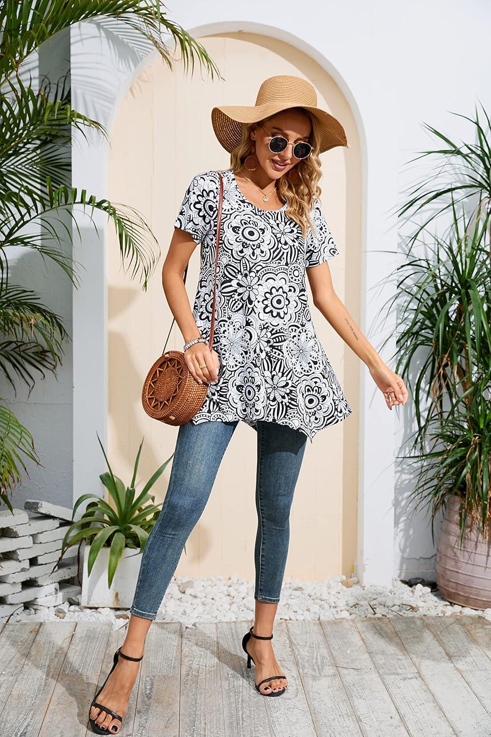 image:imageEnmain Tunique Femme 34 Manches Longues col Rond Blouse Longues Tunique Top pour Femmes Casual lgant Chic Floraux Swing T ShirtSnoir Blanc