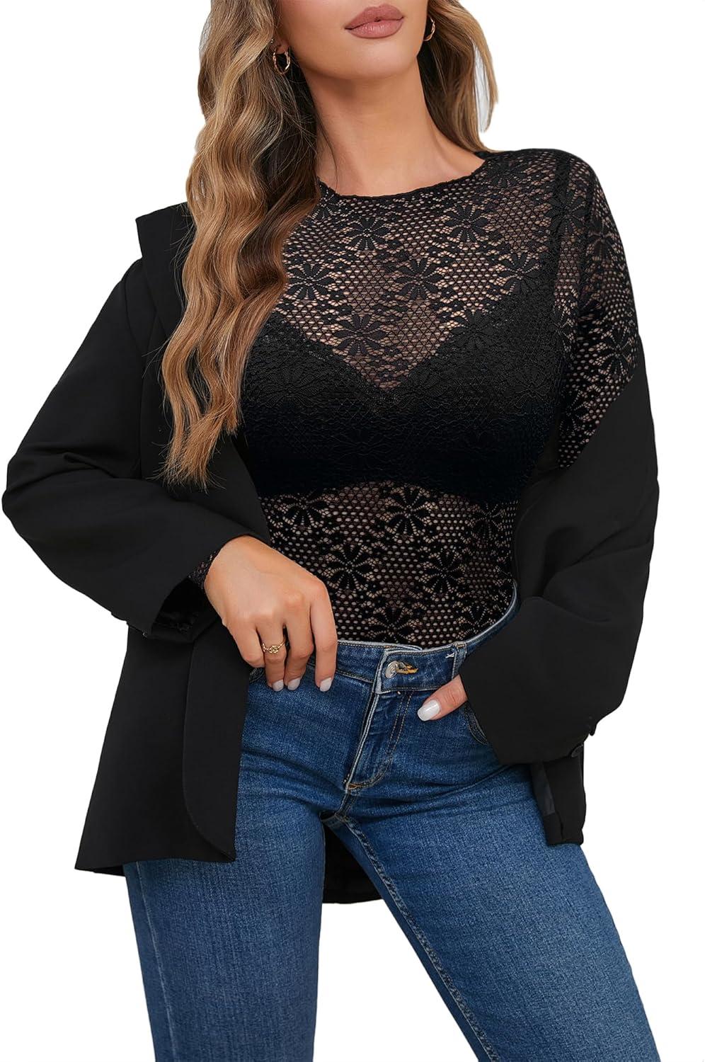 image:imageHaut en maille transparente pour femme Haut sexy en maille Manches longues Motif floral transparent Y2K Tenue raveNoir