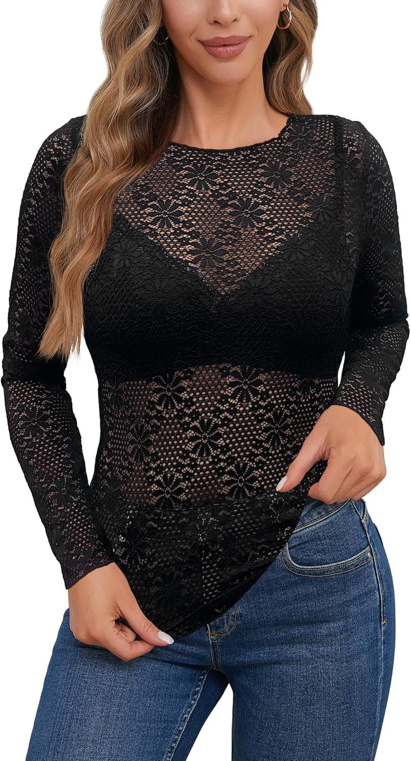 image:imageHaut en maille transparente pour femme Haut sexy en maille Manches longues Motif floral transparent Y2K Tenue raveNoir