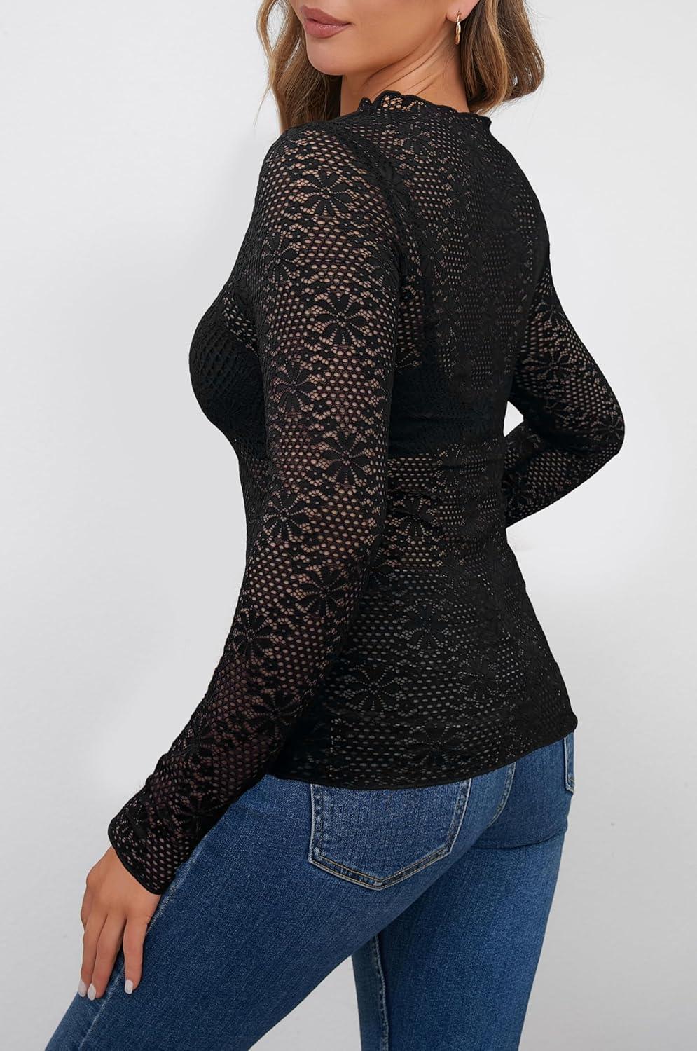 image:imageHaut en maille transparente pour femme Haut sexy en maille Manches longues Motif floral transparent Y2K Tenue raveNoir