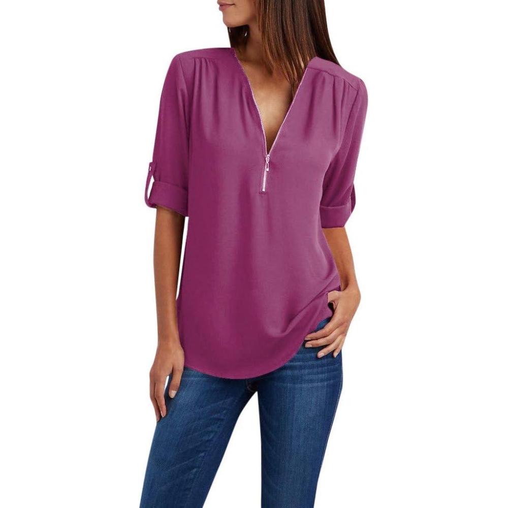 image:imageBouton Femmes Dames VTements Chemise Ample en Mouseline De Soie Fermeture Clair Manches Longues Grande Taille Hauts Chemisiers en Mouseline Manches Courtes pour Femmes Robe Femme 46Violet