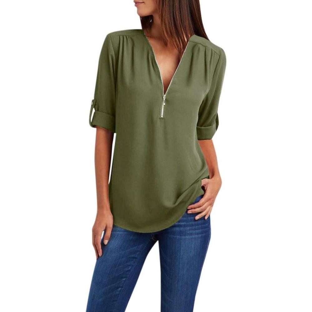 image:imageBouton Femmes Dames VTements Chemise Ample en Mouseline De Soie Fermeture Clair Manches Longues Grande Taille Hauts Chemisiers en Mouseline Manches Courtes pour Femmes Robe Femme 46Arme Verte