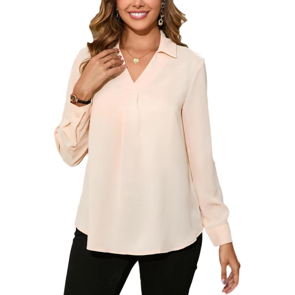 image:imageChemisier lgant pour femme Col en V Tunique avec col Manches longues Dcontract Facile dentretienBeige