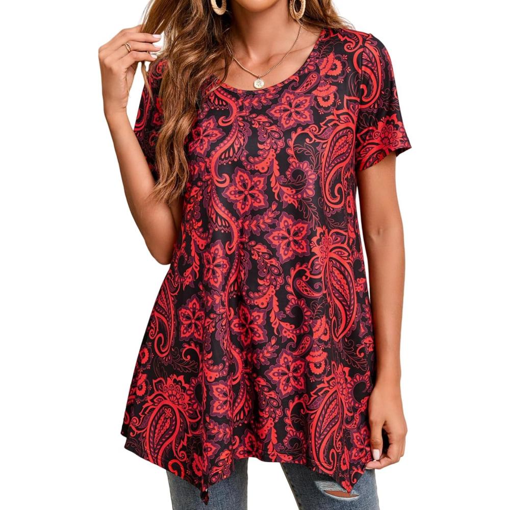 image:imageEnmain Femme Tunique 34 Manches Longues Chemise Imprime Motifs Floraux Paisley pour Les Femmes Casual lgant Chic TShirt BlousesZ01 Rouge