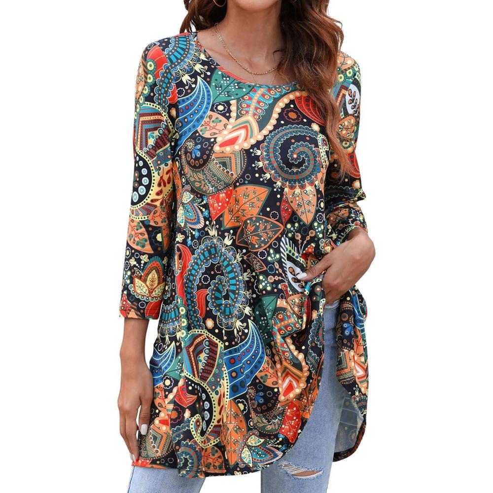 image:imageEnmain Tunique Femme 34 Manches Longues col Rond Blouse Longues Tunique Top pour Femmes Casual lgant Chic Floraux Swing T ShirtMarron