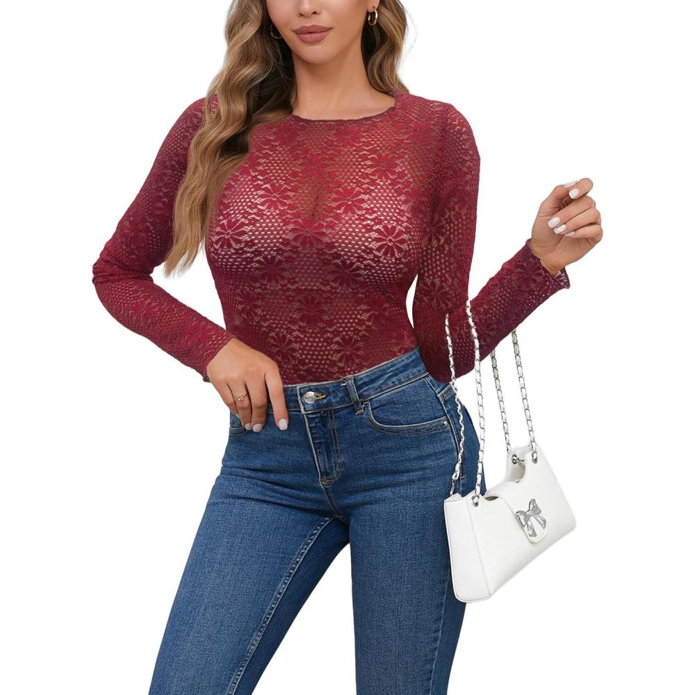 image:imageHaut en maille transparente pour femme Haut sexy en maille Manches longues Motif floral transparent Y2K Tenue raveRouge Vif