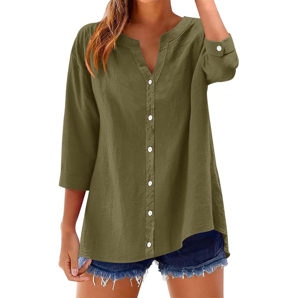 image:imageRapbin Chemisier pour femme manches 34 en coton et lin Col en V Boutonnire Uni Tunique Dcontracte Manches enroulablesVert Arme