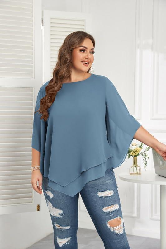 image:imageHanna Nikole Chemisier en mousseline de soie manches 34 pour femme Double couche Grande taille lgant AmpleGrisBleu
