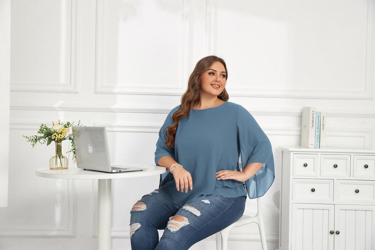 image:imageHanna Nikole Chemisier en mousseline de soie manches 34 pour femme Double couche Grande taille lgant AmpleGrisBleu