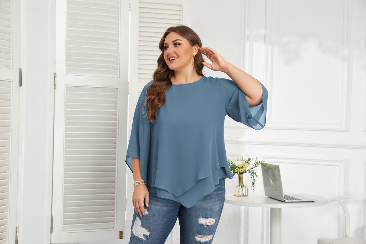 image:imageHanna Nikole Chemisier en mousseline de soie manches 34 pour femme Double couche Grande taille lgant AmpleGrisBleu