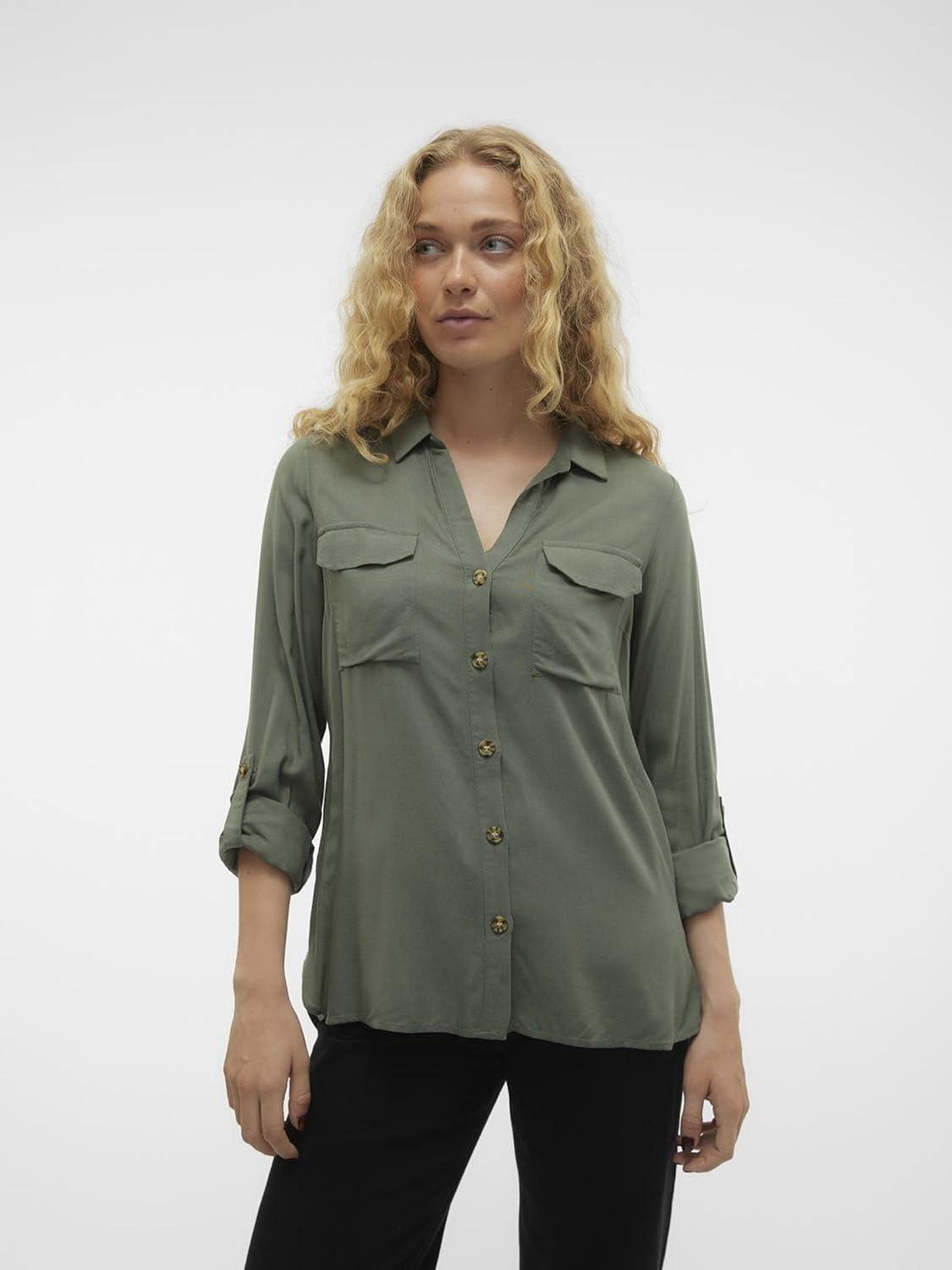 image:imageVERO MODA Blouse dcontracte Poches Poitrine pour Femmes en Stretch rgulier 34 Manches Haut suprieurLaurel Wreath