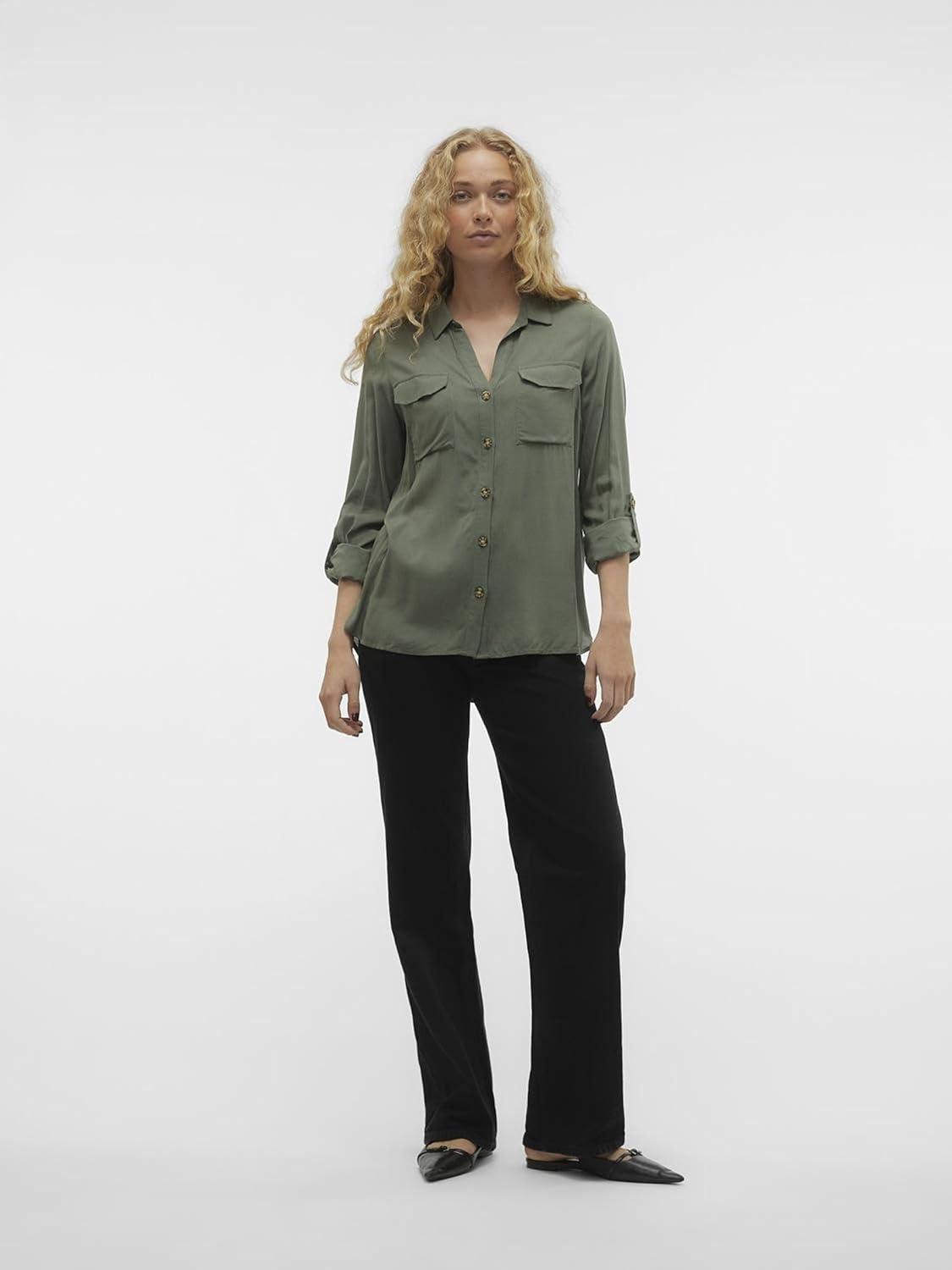 image:imageVERO MODA Blouse dcontracte Poches Poitrine pour Femmes en Stretch rgulier 34 Manches Haut suprieurLaurel Wreath