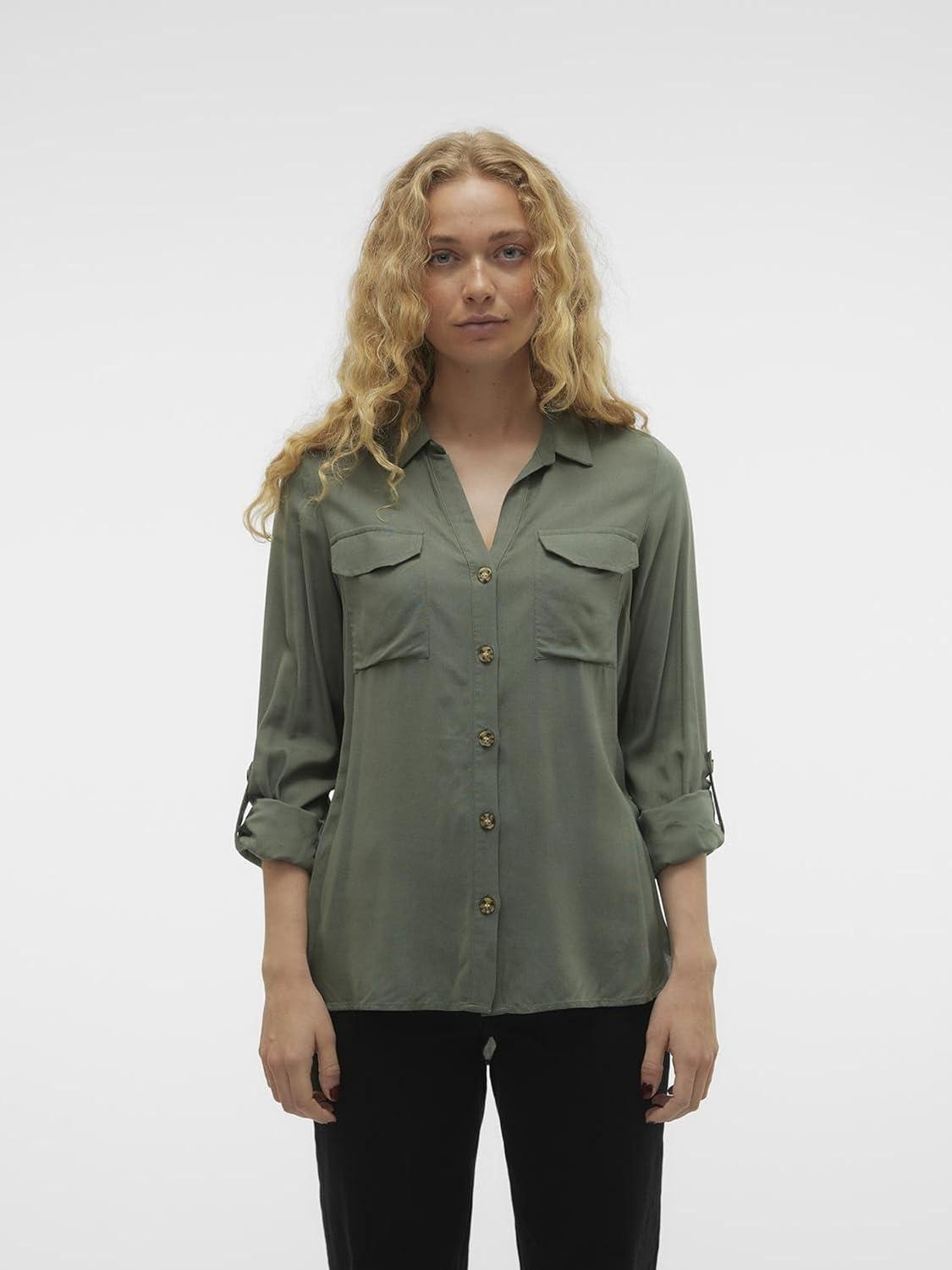 image:imageVERO MODA Blouse dcontracte Poches Poitrine pour Femmes en Stretch rgulier 34 Manches Haut suprieurLaurel Wreath