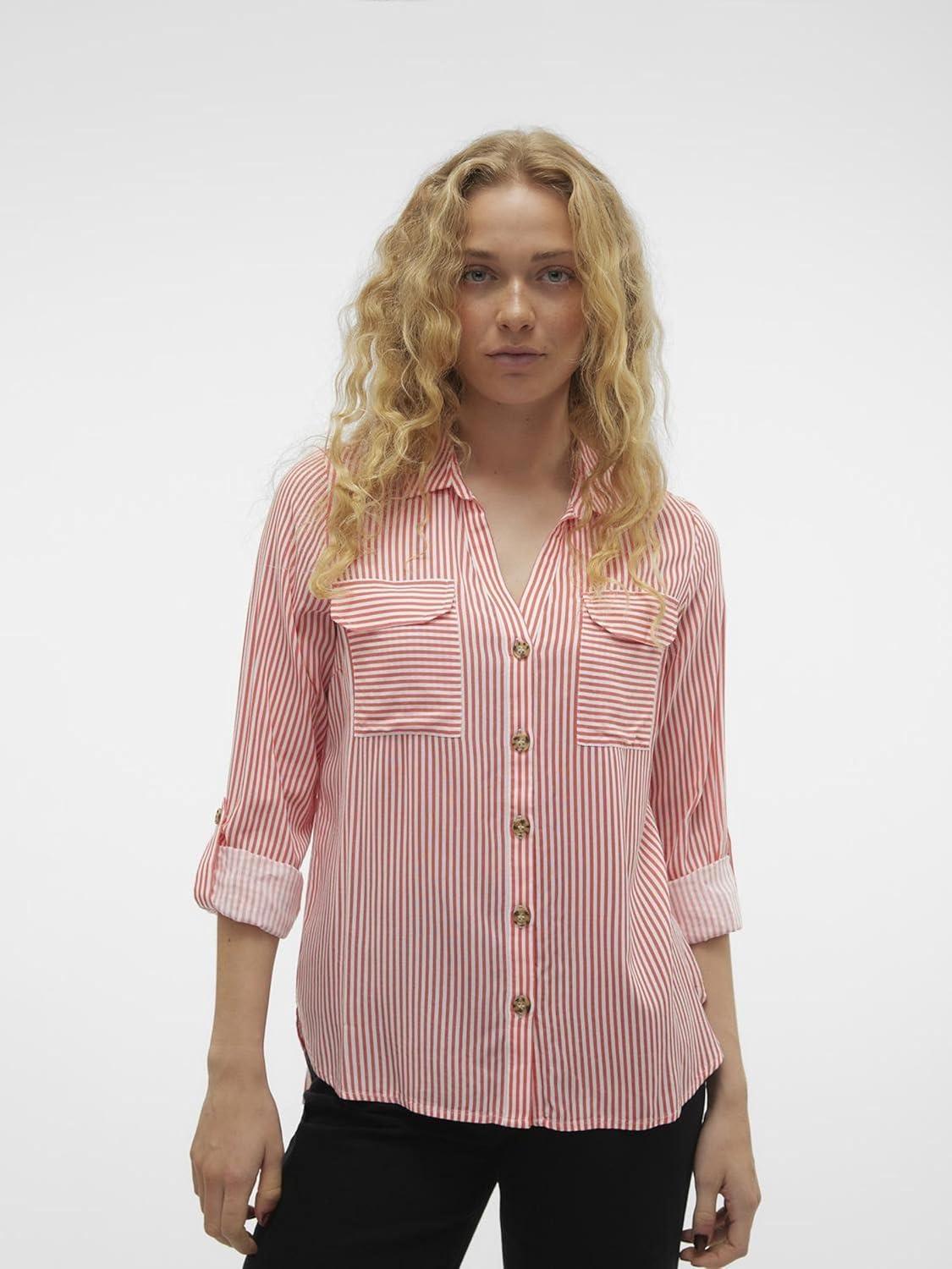 image:imageVERO MODA Blouse dcontracte Poches Poitrine pour Femmes en Stretch rgulier 34 Manches Haut suprieurRouge