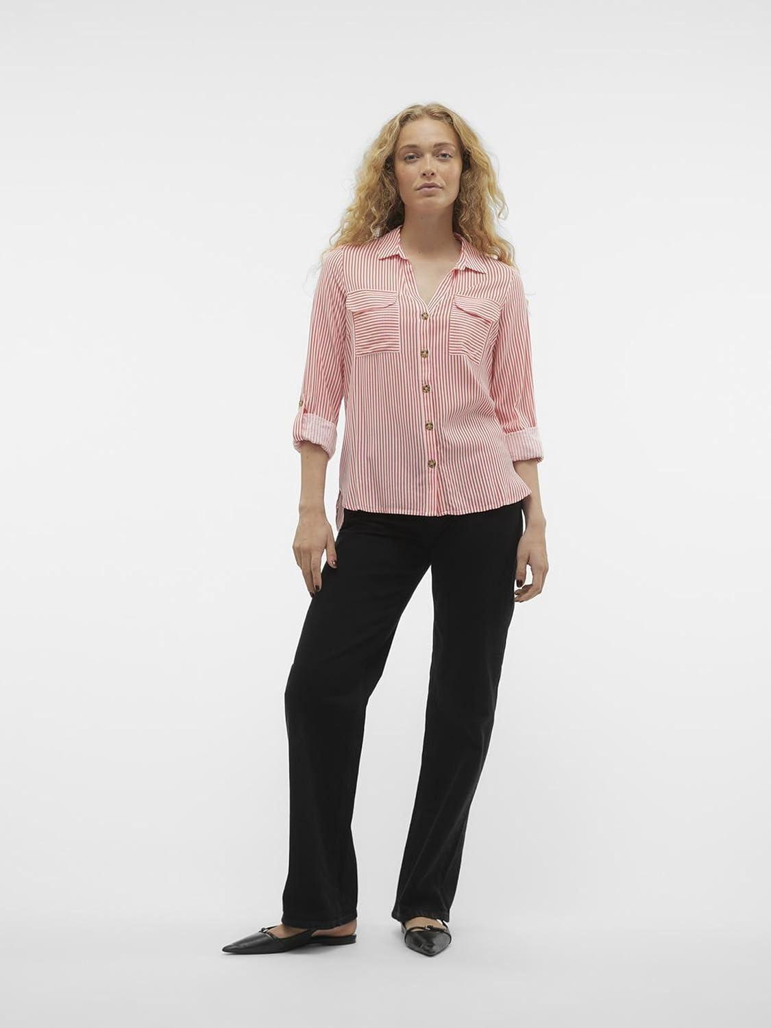 image:imageVERO MODA Blouse dcontracte Poches Poitrine pour Femmes en Stretch rgulier 34 Manches Haut suprieurRouge
