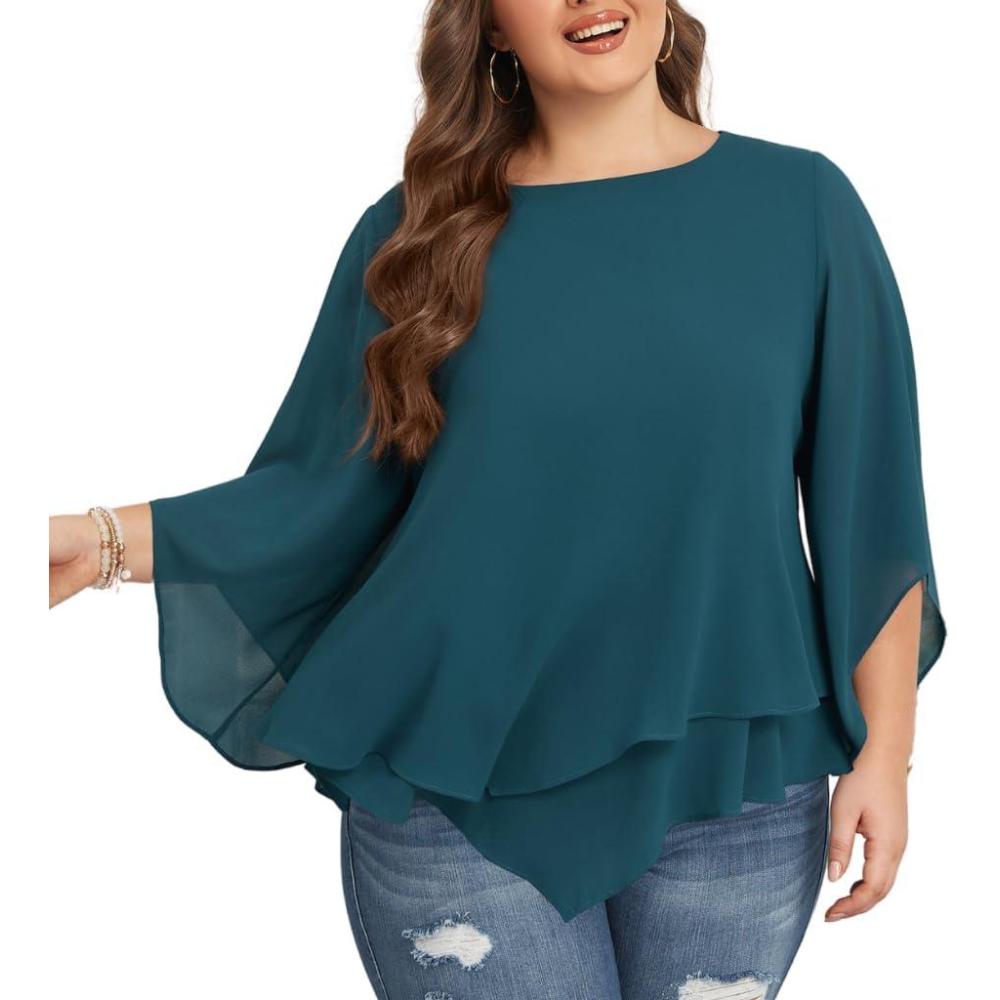 image:imageHanna Nikole Chemisier en mousseline de soie manches 34 pour femme Double couche Grande taille lgant AmpleBleu Paon