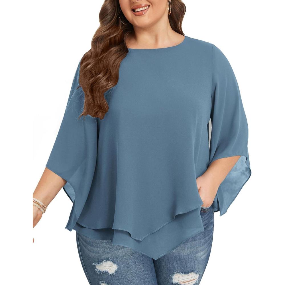 image:imageHanna Nikole Chemisier en mousseline de soie manches 34 pour femme Double couche Grande taille lgant AmpleGrisBleu