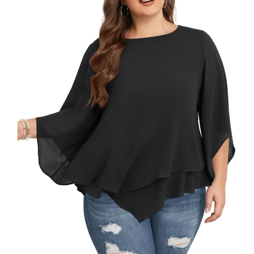 image:imageHanna Nikole Chemisier en mousseline de soie manches 34 pour femme Double couche Grande taille lgant AmpleNoir