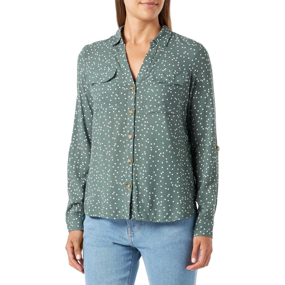 image:imageVERO MODA Blouse dcontracte Poches Poitrine pour Femmes en Stretch rgulier 34 Manches Haut suprieurDark ForestAop Bumpy Dot