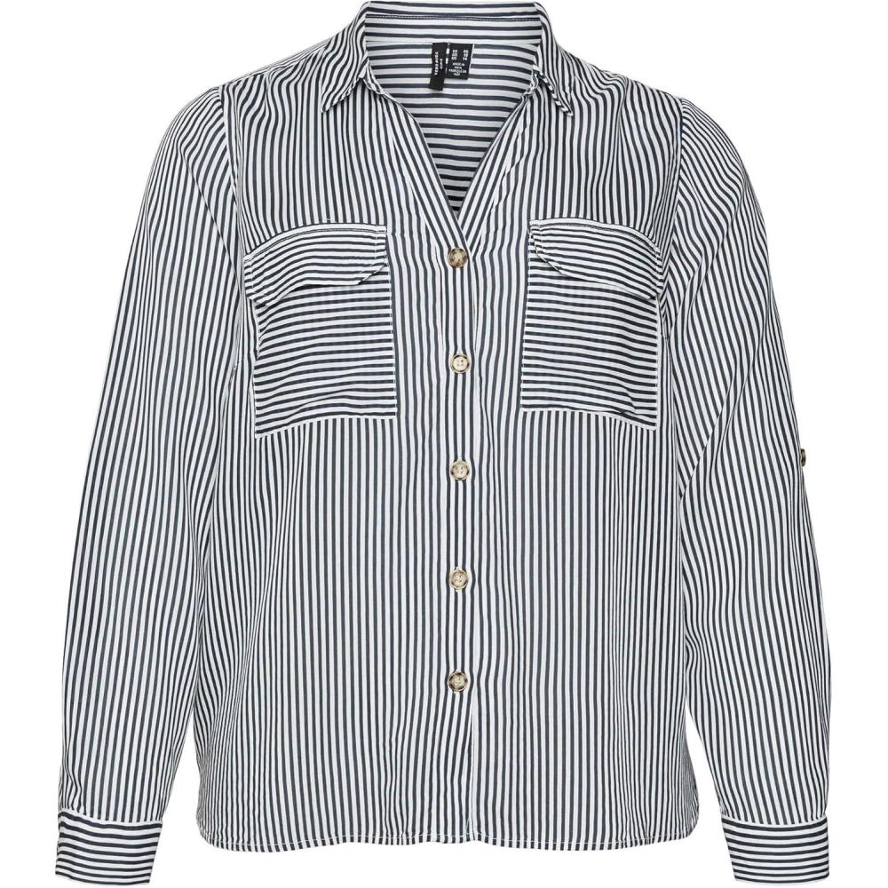 image:imageVERO MODA Blouse dcontracte Poches Poitrine pour Femmes en Stretch rgulier 34 Manches Haut suprieurSnow WhiteStripesindia Ink