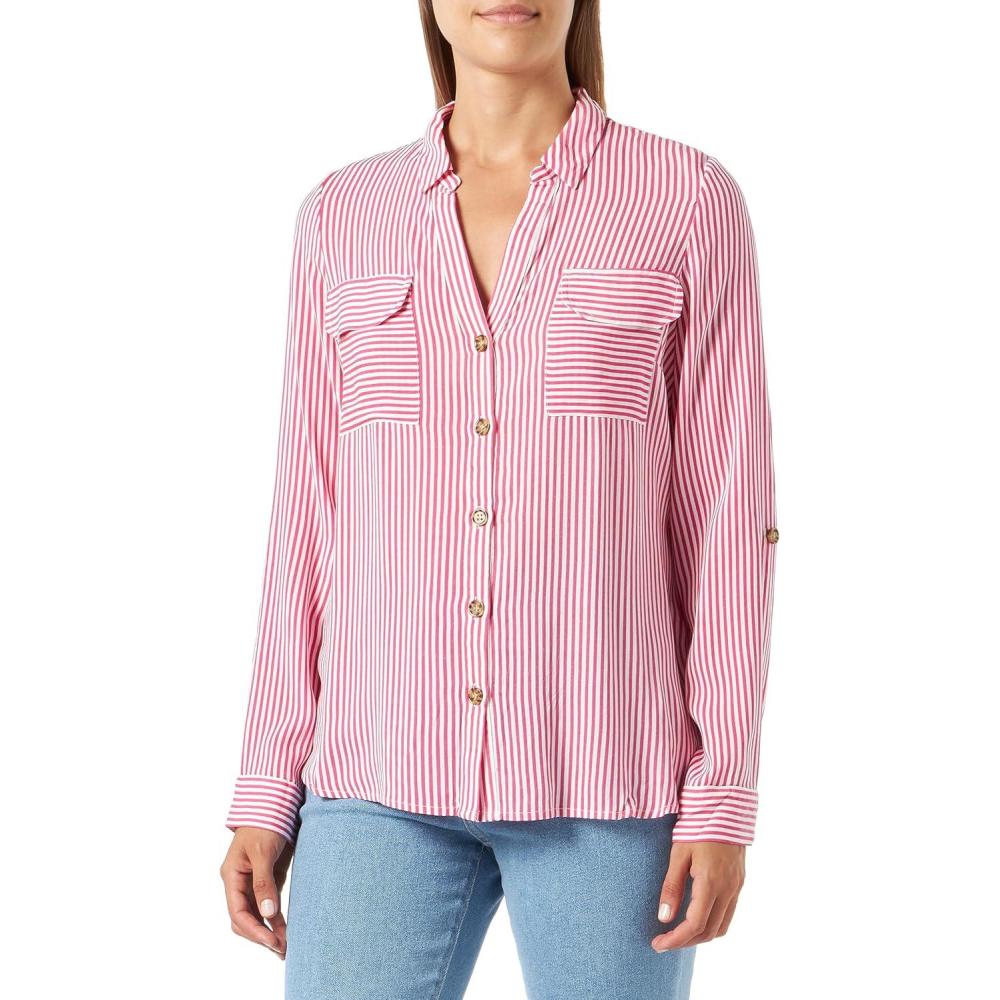 image:imageVERO MODA Blouse dcontracte Poches Poitrine pour Femmes en Stretch rgulier 34 Manches Haut suprieurViolet FuchsiaRayures Blanc Snow